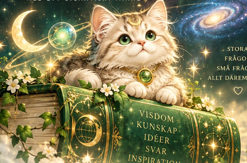 Den kosmiska katten sitter på sin gigantiska gröna visdomsbok under stjärnorna